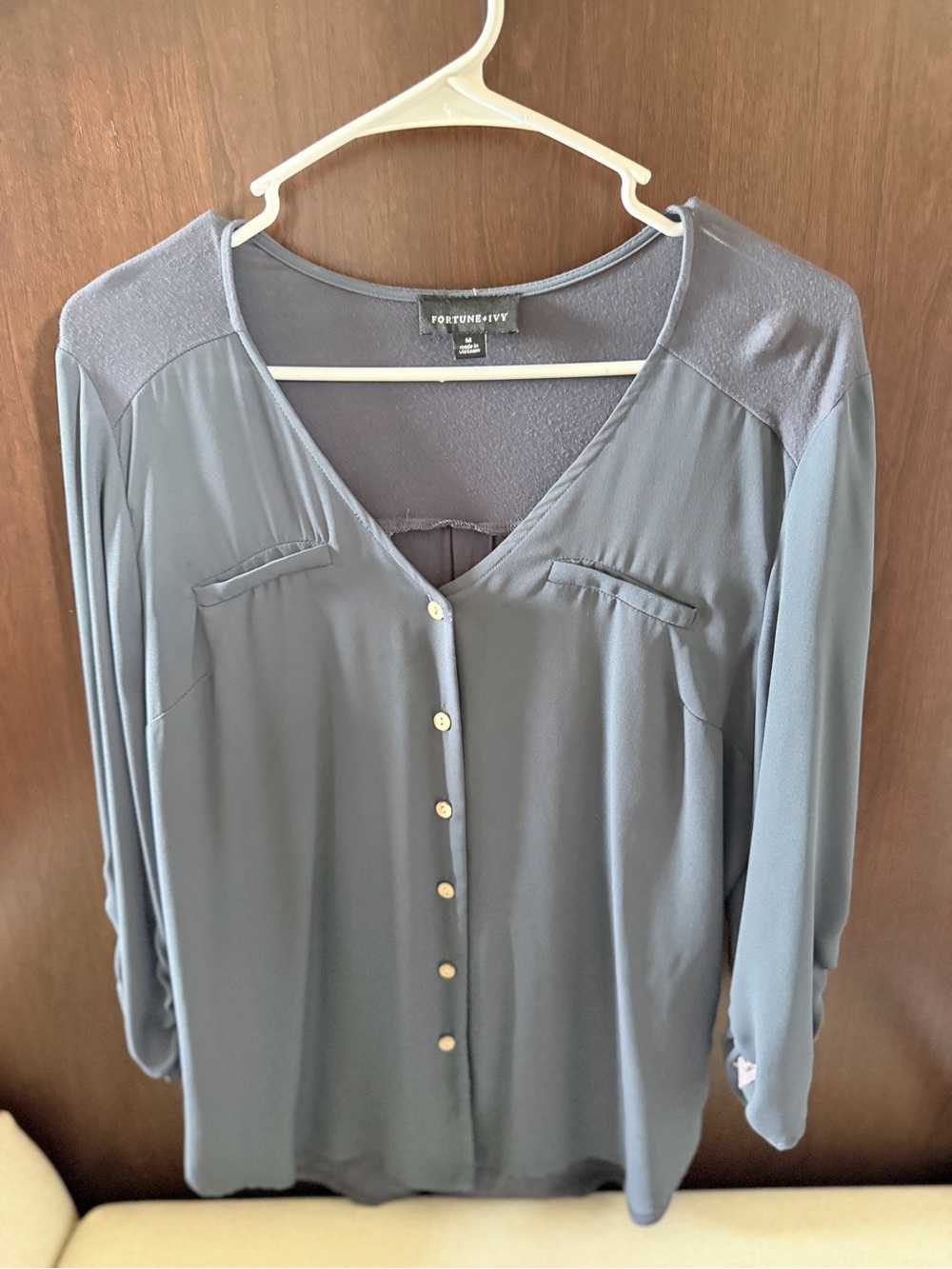 Fortune & Ivy Slate Gray V-Neck Button Blouse